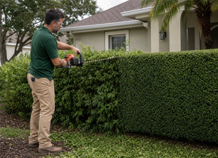 A crew member shaping a viburnum hedge with a hedge trimmer, half of it cut and half still shaggy.