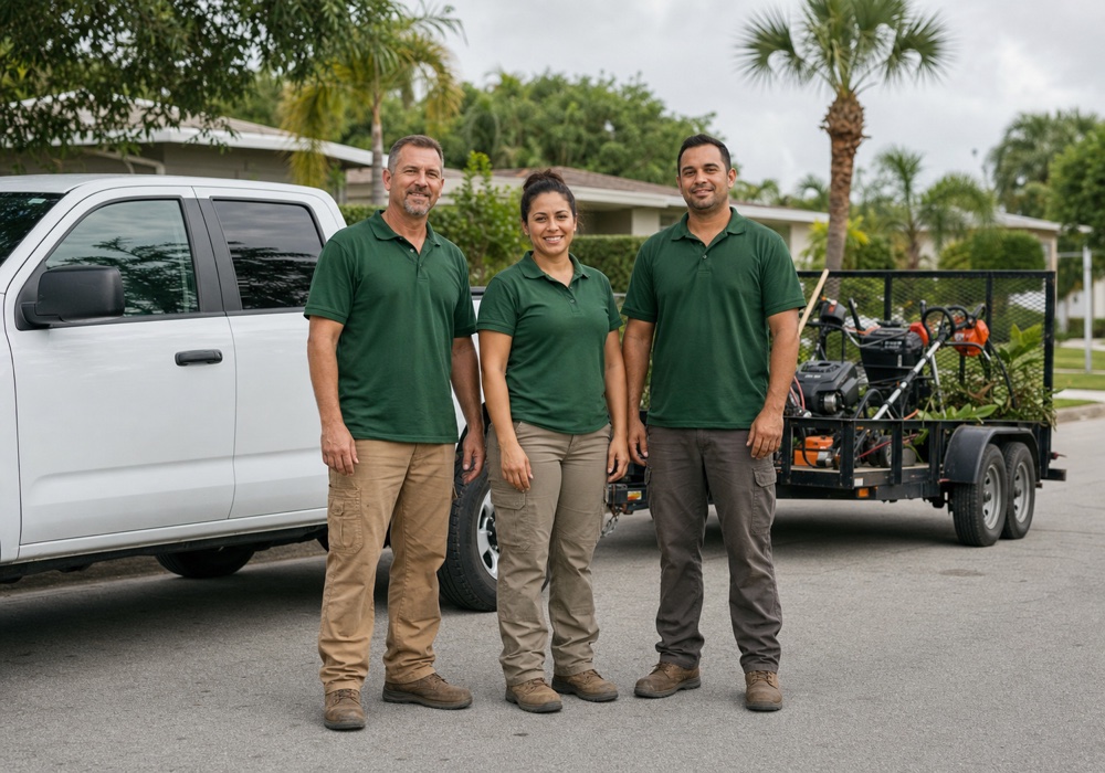 A lawn care crew standing in front of a pickup and equipment trailer.