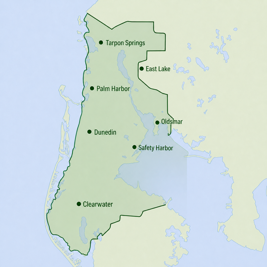 Map of the service area across North Pinellas County, Florida, with Tarpon Springs, Palm Harbor, Dunedin, Oldsmar, Safety Harbor, East Lake and Clearwater marked.