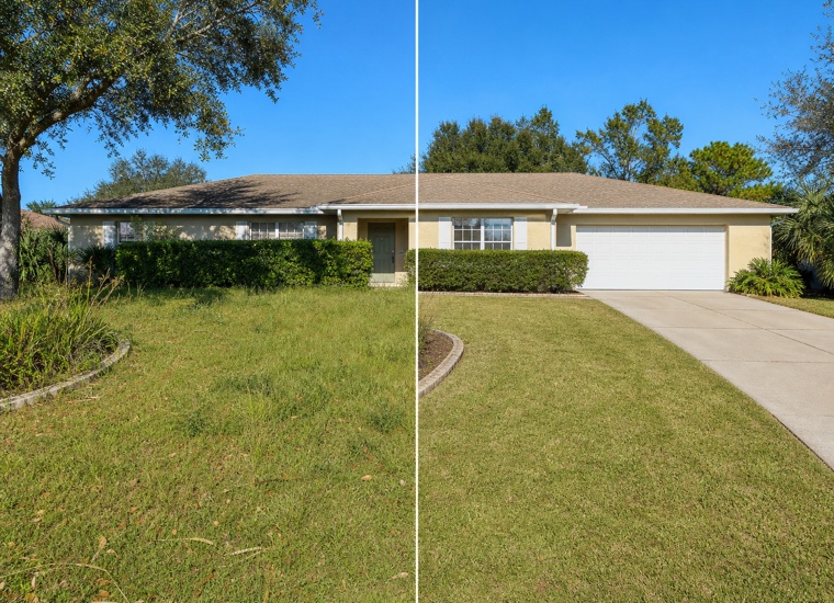 The same Florida front yard before and after a full property cleanup, shown side by side.